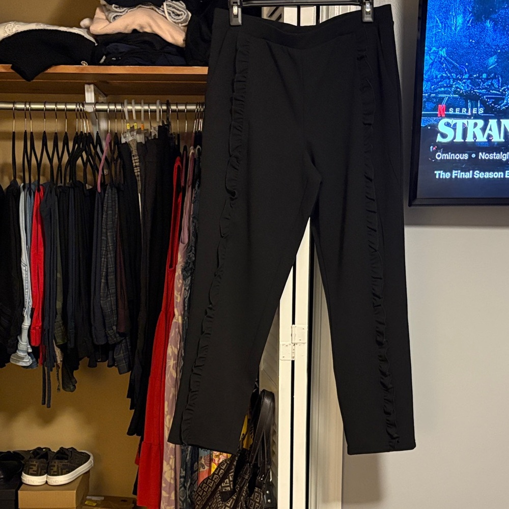 Nina Leonard Black Ruffle Trim Pants
